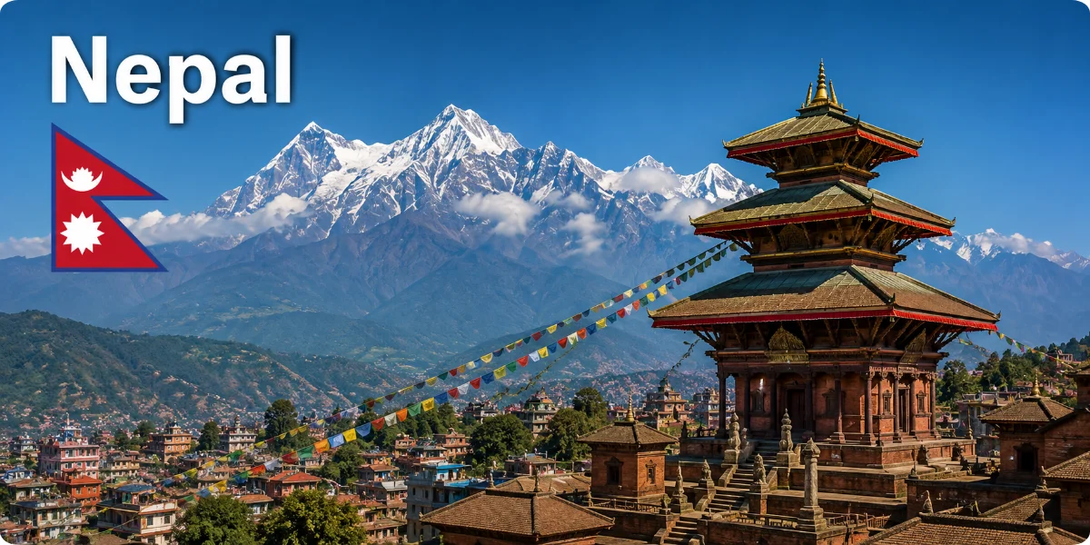 A scenic view of the Himalayas with a traveler holding a Nepal travel guide, showcasing adventure and exploration.