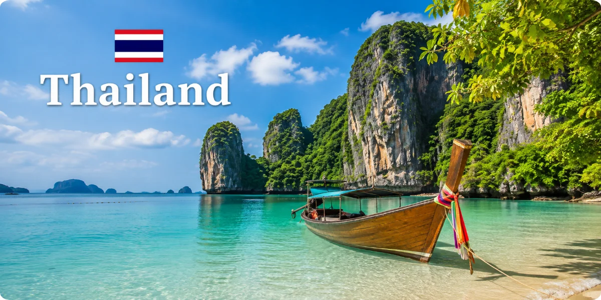 A vibrant travel guide cover featuring iconic Thai landmarks, lush landscapes, and cultural elements of Thailand.
