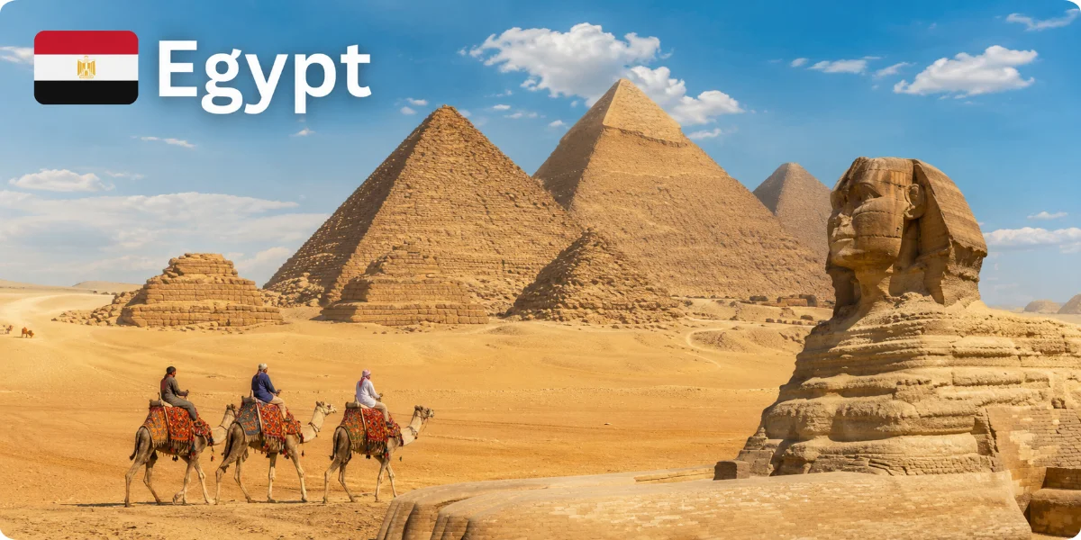 A travel guide cover featuring iconic Egyptian landmarks like the pyramids and the Sphinx against a desert backdrop.