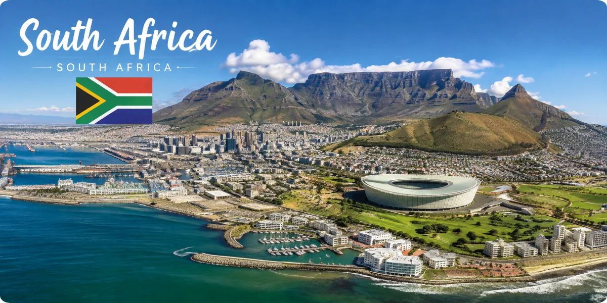 A panoramic view of Cape Town, South Africa, showcasing Table Mountain and the vibrant cityscape below.