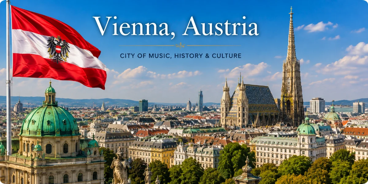 A panoramic view of Vienna, Austria, showcasing its historic architecture and vibrant cultural atmosphere.