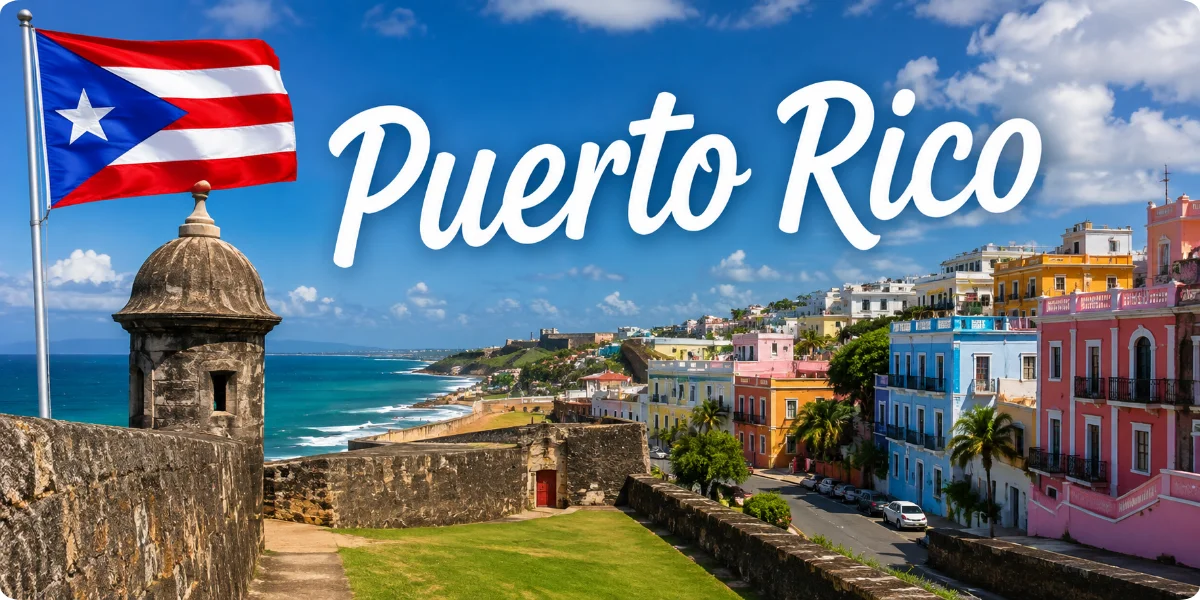 A vibrant travel guide cover featuring iconic Puerto Rican landmarks and cultural elements.