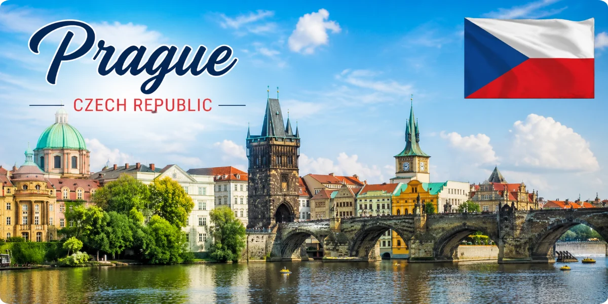A panoramic image of Prague showcasing its iconic architecture, including the Astronomical Clock and colorful buildings.