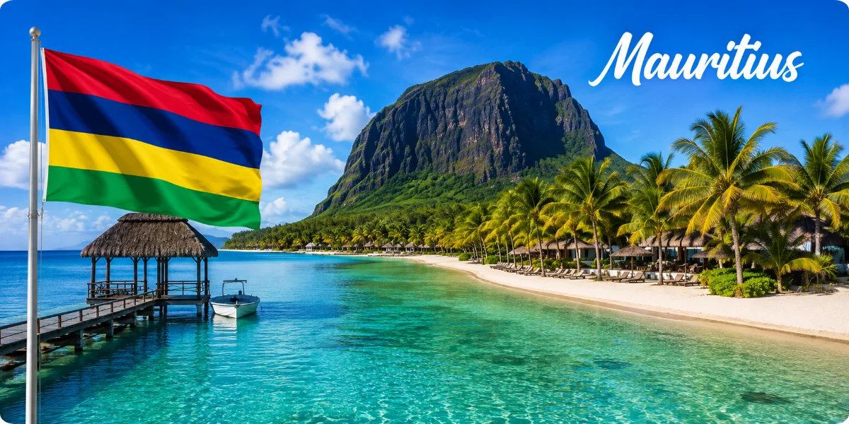 Mauritius flag displaying four horizontal stripes: red, blue, yellow, and green.