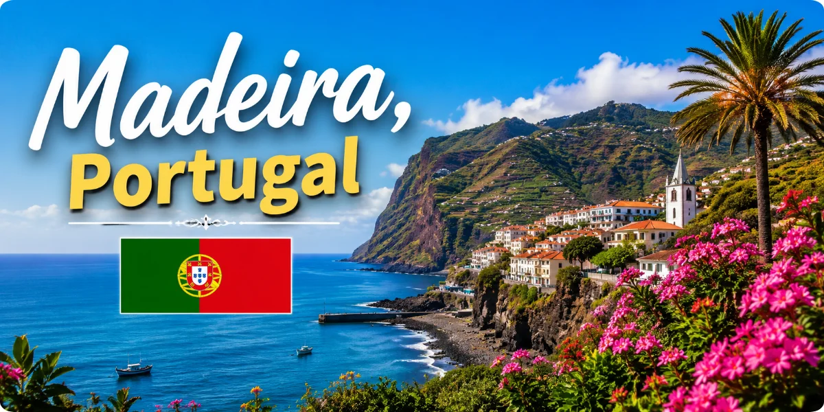 A panoramic landscape of Madeira, Portugal, featuring vibrant greenery and ocean views, perfect for travel inspiration.