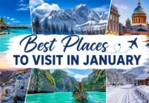 Best Places to Visit in January | 15 Amazing Destinations Best Places to Visit in January travel destinations collage featuring tropical beaches, snowy mountains, historic cities, and winter landscapes.
