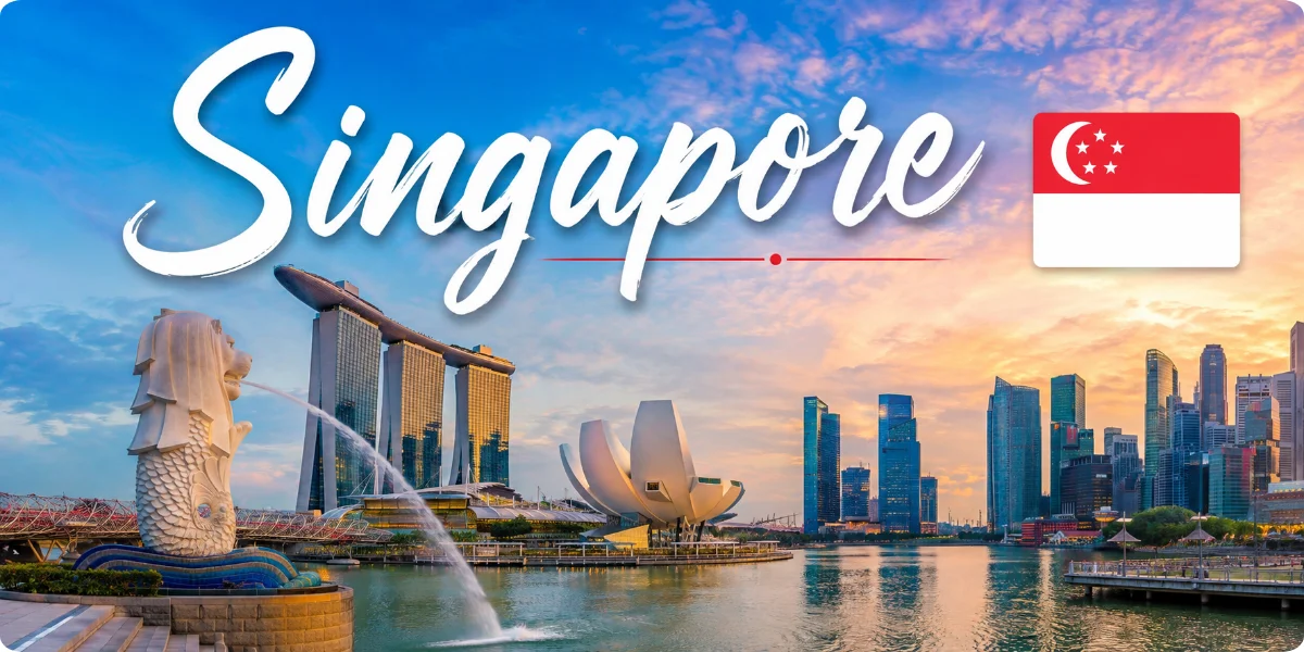 Singapore skyline at sunset with Marina Bay Sands, Merlion, waterfront, and Singapore flag.