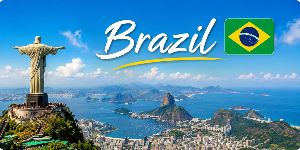 Brazil travel destination featuring Christ the Redeemer, Rio de Janeiro skyline, Sugarloaf Mountain, and Brazilian flag.