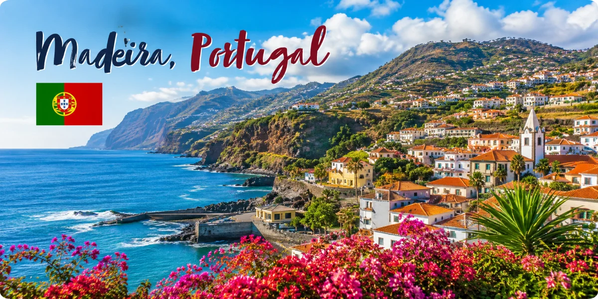 Madeira, Portugal scenic coastal town with mountains, ocean, colorful houses, and Portuguese flag.