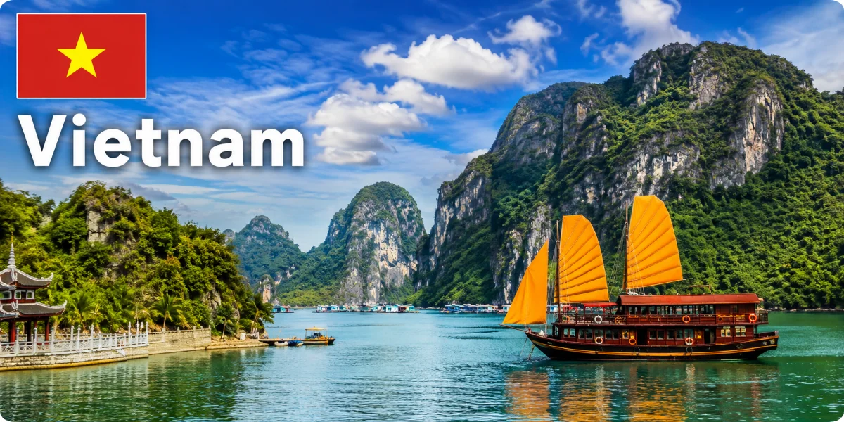 Vietnam travel destination with Ha Long Bay limestone karsts, traditional boat, Vietnamese flag, and Vietnam name.