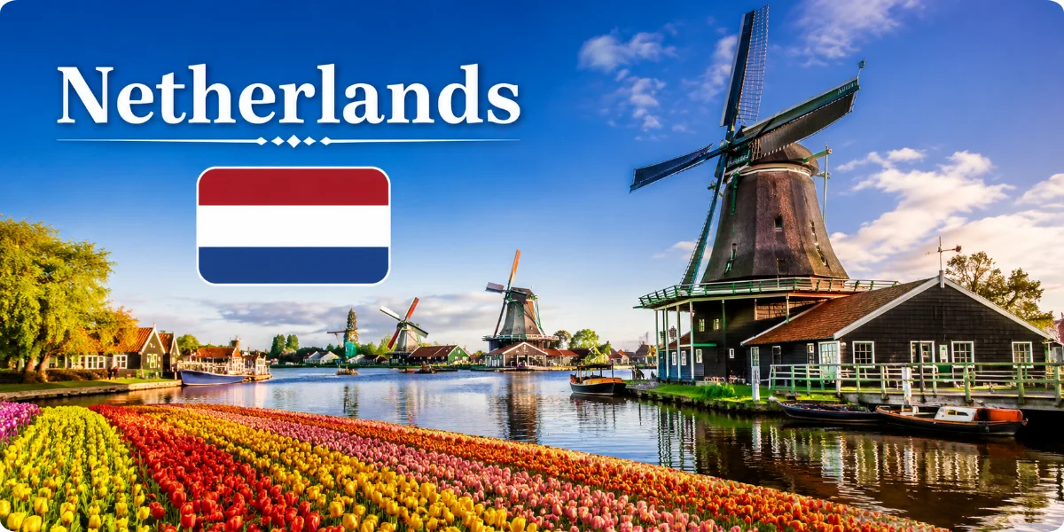 Netherlands travel scene with Dutch windmills, colorful tulip fields, canal, and Netherlands flag