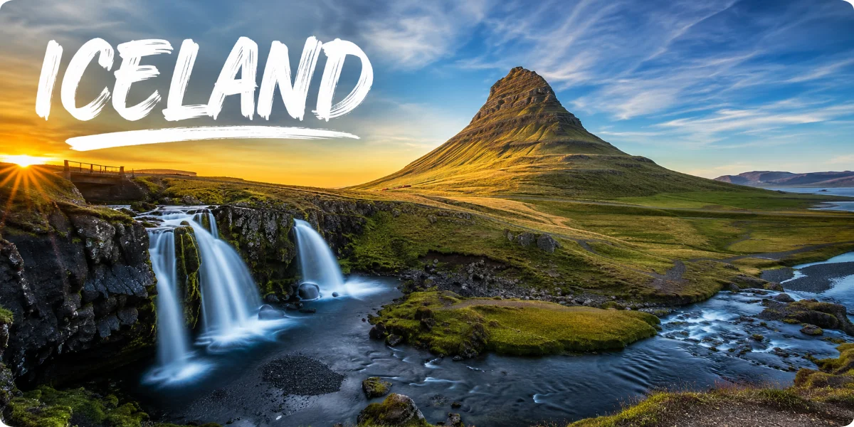 A scenic view of Iceland's dramatic landscapes, featuring mountains, waterfalls, and lush greenery, ideal for travel inspiration.