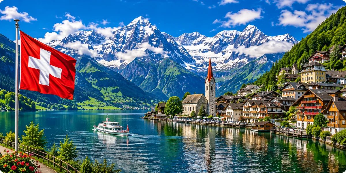 Swiss flag waving above a serene lake, framed by majestic mountains in the background.