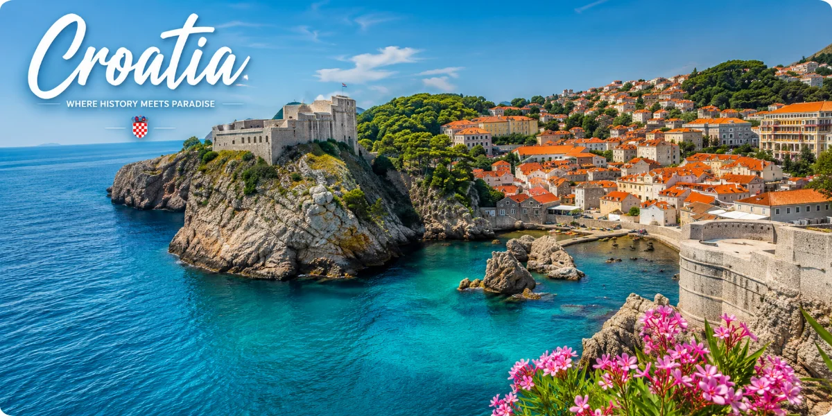 A scenic view of Croatia's coastline, showcasing crystal-clear waters and picturesque islands, ideal for travel inspiration.