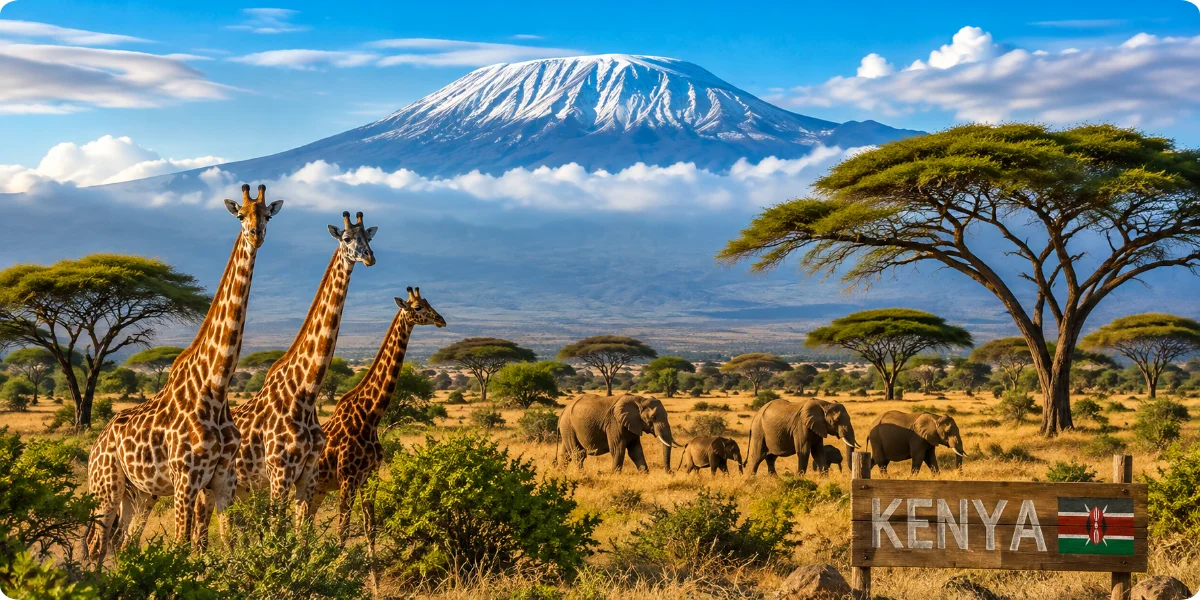 A group of giraffes and elephants stands in front of a mountain in Kenya, showcasing the region's wildlife and landscape.