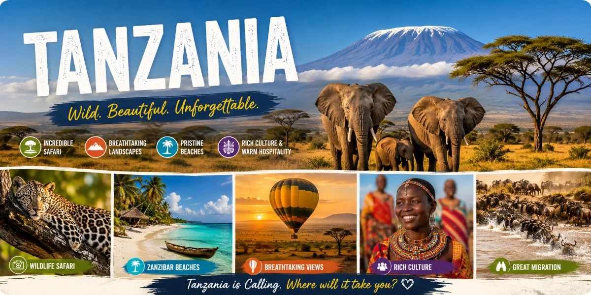 A vibrant safari scene in Tanzania, featuring iconic wildlife and the expansive savannah under a clear blue sky.