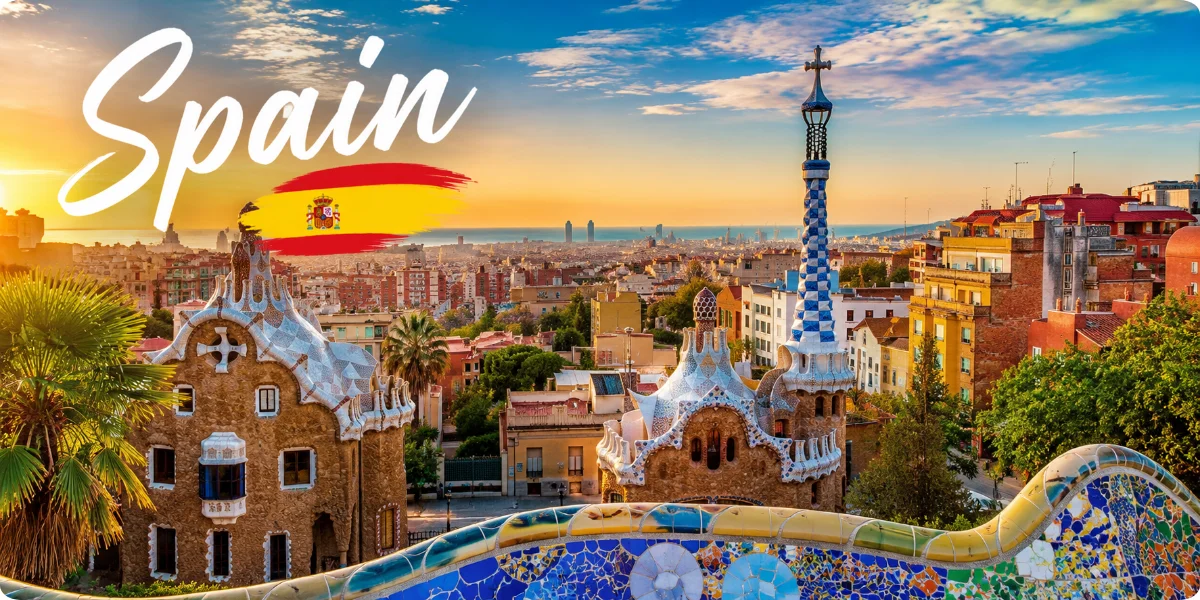 A travel guide cover featuring iconic Spanish landmarks and vibrant cultural elements of Spain.