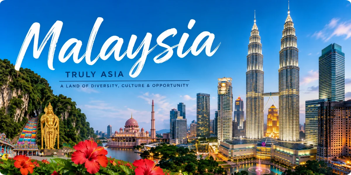 A vibrant landscape showcasing Malaysia's diverse culture, nature, and attractions under the slogan "Malaysia Truly Asia."