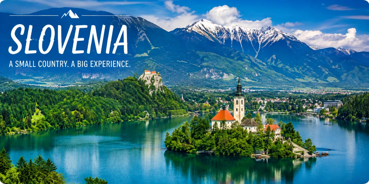 A picturesque landscape of Slovenia, highlighting its diverse attractions and vibrant culture in a compact setting.