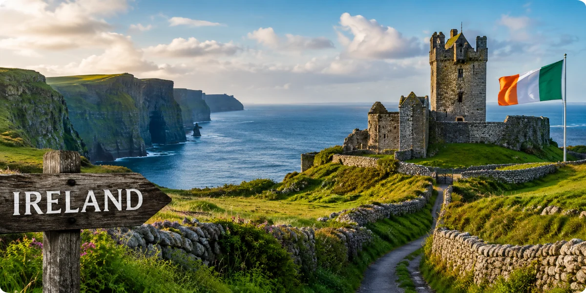 A scenic view of Ireland's lush green landscape, featuring rolling hills and a cloudy sky, ideal for travel inspiration