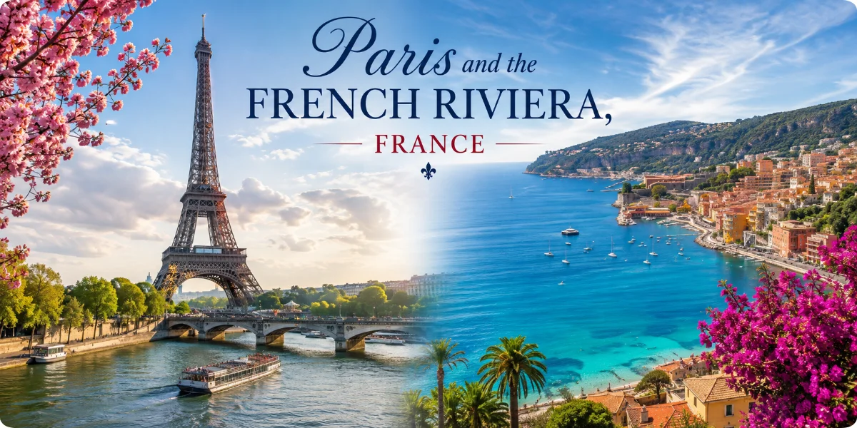 A scenic view of Paris with the Eiffel Tower, alongside the stunning coastline of the French Riviera.