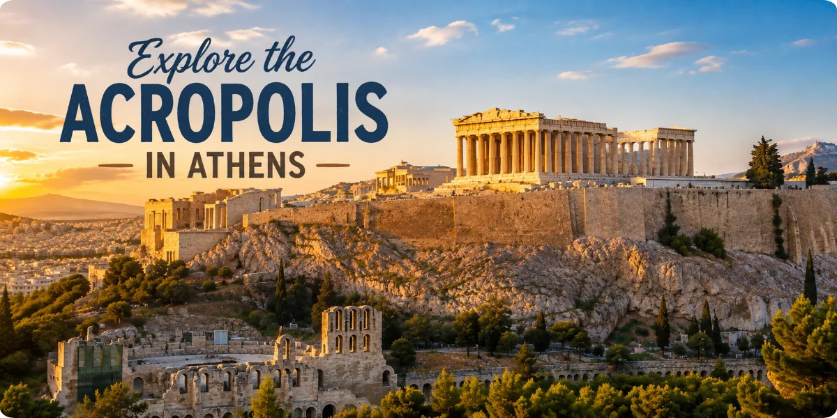 A panoramic view of the Acropolis in Athens, showcasing ancient ruins against a clear blue sky.