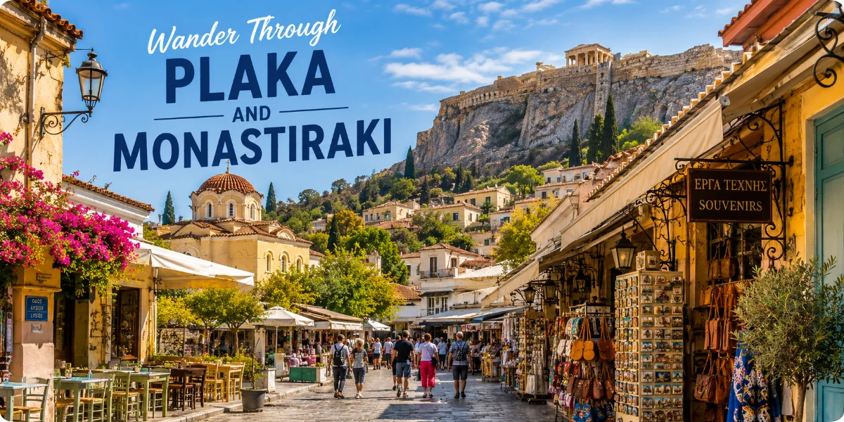 A scenic view of Plaka and Monastiraki, showcasing vibrant streets filled with shops and cafes under a clear blue sky.