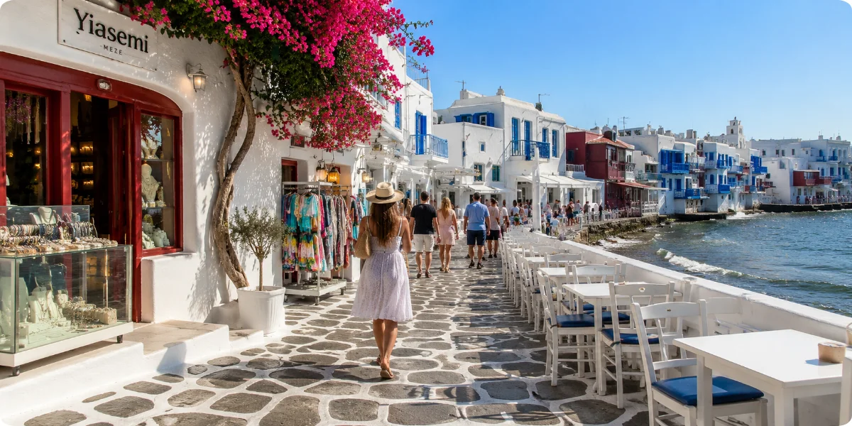 A woman strolls along a charming street in Mykonos Town, Greece, surrounded by whitewashed buildings and vibrant flowers.