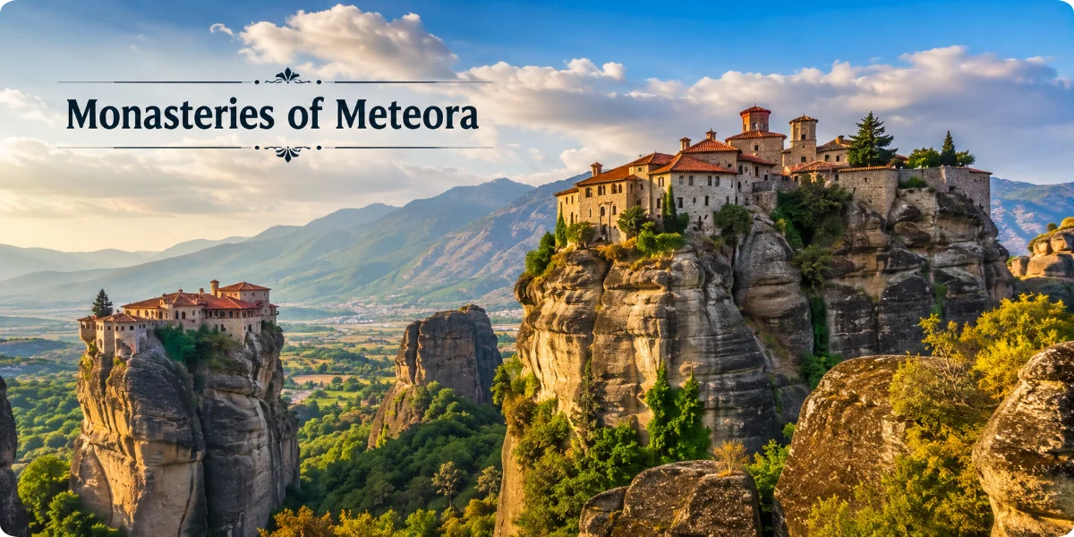 A panoramic view of the Meteora monasteries perched atop towering rock formations in Greece.