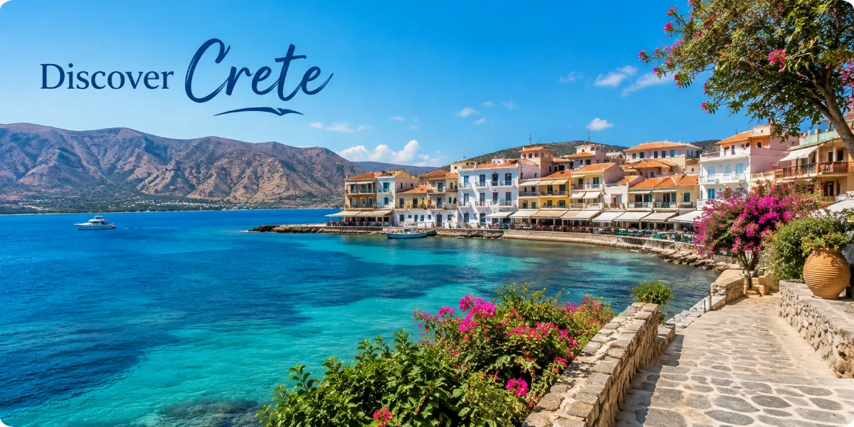 An aerial view of Crete, featuring its diverse geography and inviting shores, a key destination in Greece travel.