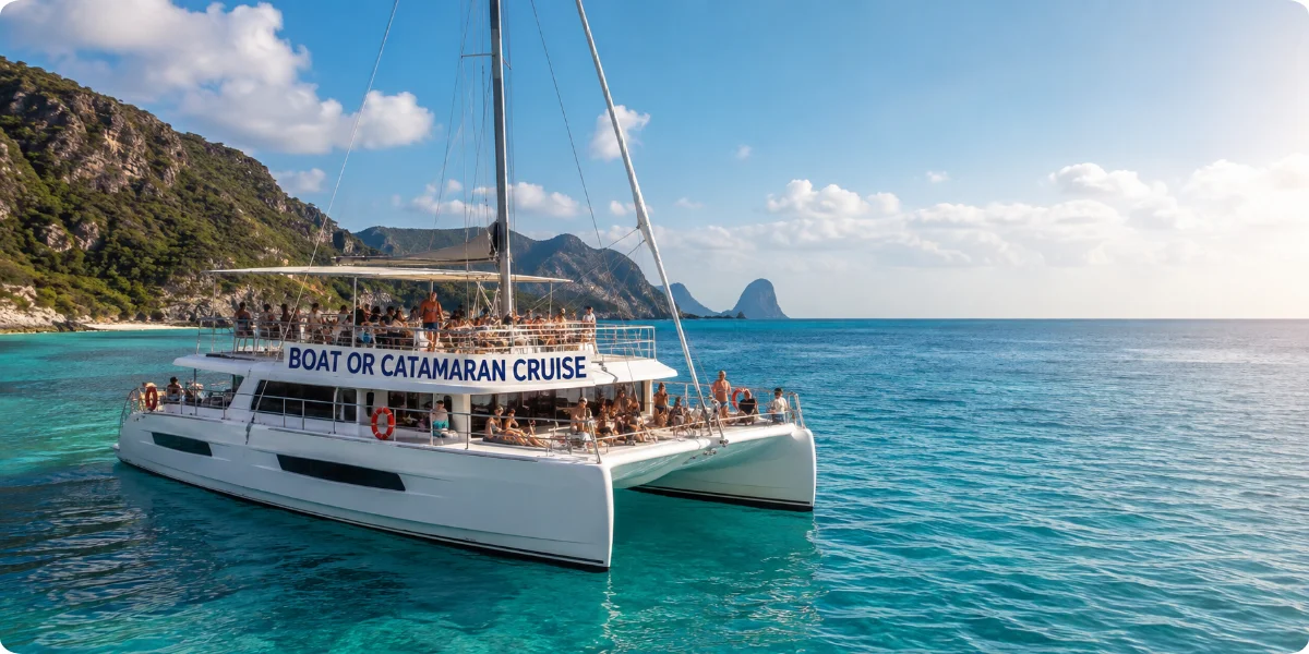 A catamaran gliding through the ocean waters, with passengers aboard enjoying the scenic cruise.