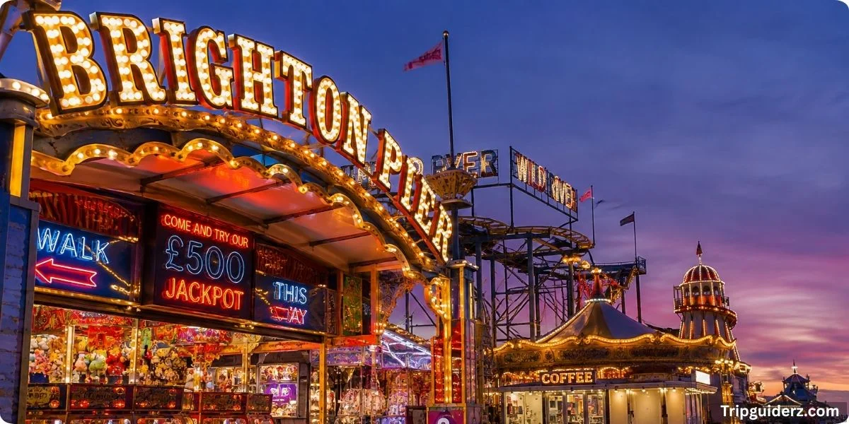 Fairground rides on Brighton Palace Pier at dusk