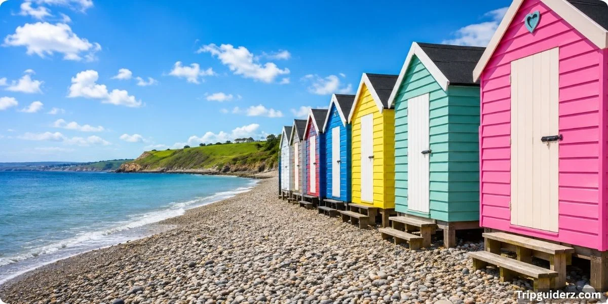 Brighton pebble beach with Regency-style beach huts