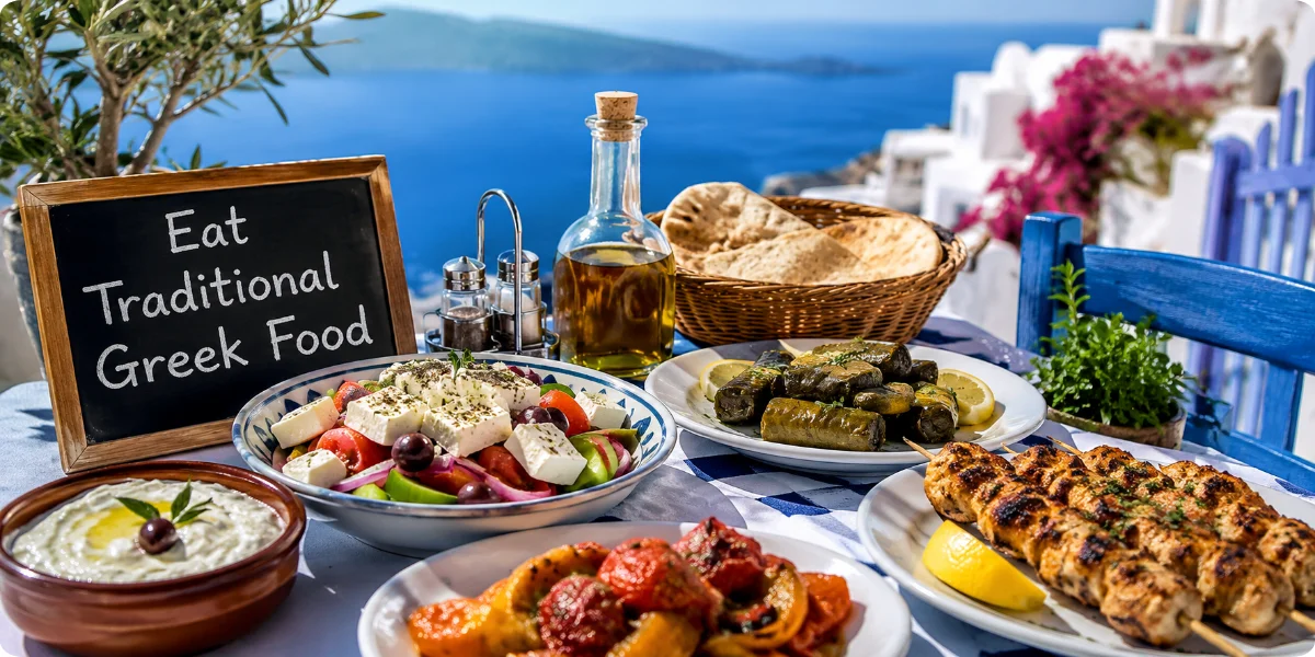 A table set with traditional Greek dishes, including moussaka, tzatziki, and fresh vegetables, showcasing Greek cuisine.
