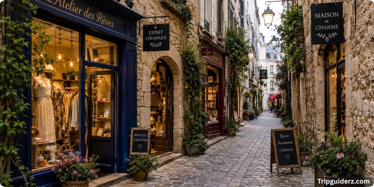 Boutique shops along a cobbled alley in The Lanes, Brighton