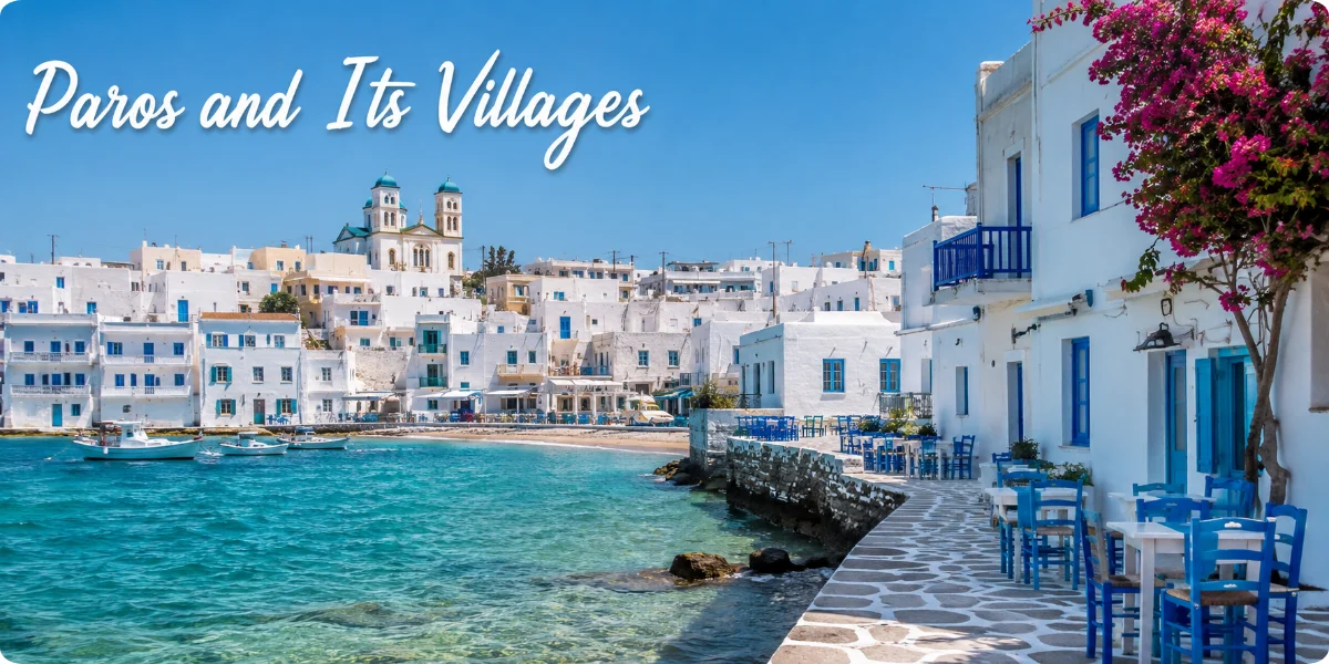 A scenic view of Paros, showcasing its charming villages and traditional architecture against a clear blue sky.