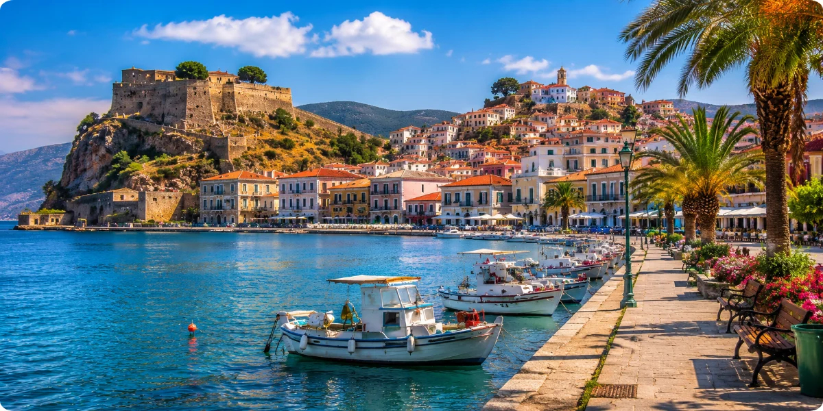 A panoramic view of Nafplio, showcasing its historic architecture and scenic coastal landscape in Greece.