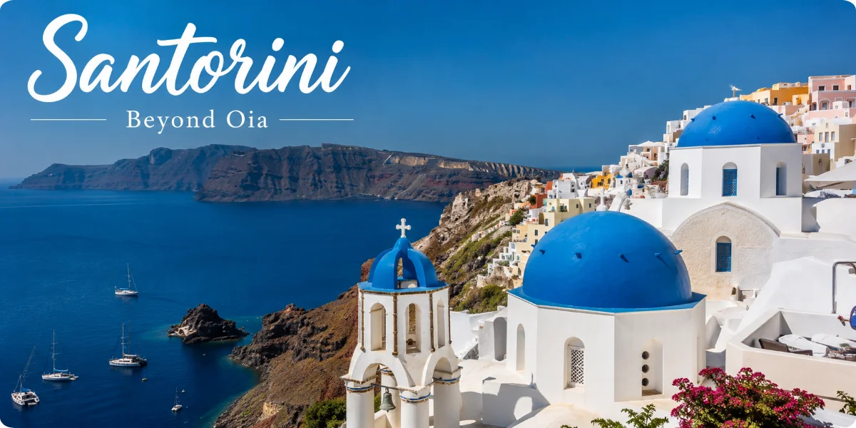 Scenic view of Santorini, Greece, showcasing its unique architecture and stunning landscapes beyond Oia.