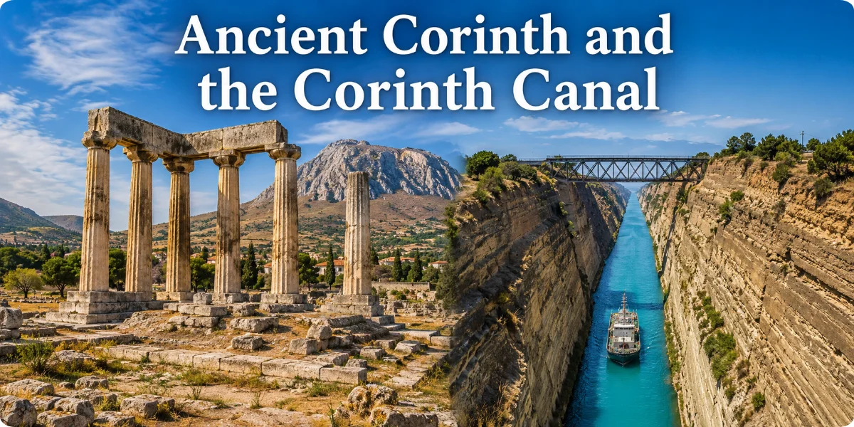 Aerial view of Ancient Corinth ruins alongside the Corinth Canal, showcasing historical architecture and waterway.