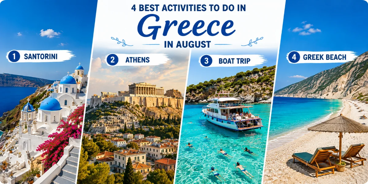 A scenic view of Greece showcasing popular summer activities like beach lounging, hiking, and cultural tours.