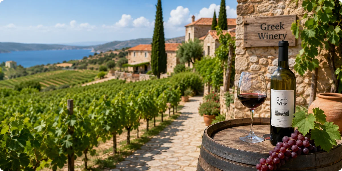 Grapes and wine rest on a barrel, framed by a scenic vineyard landscape under clear skies.