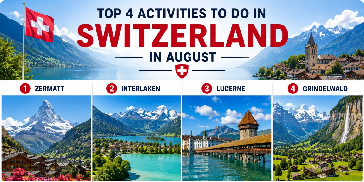 Tourists exploring vibrant Swiss cities, showcasing outdoor festivals and events in August.
