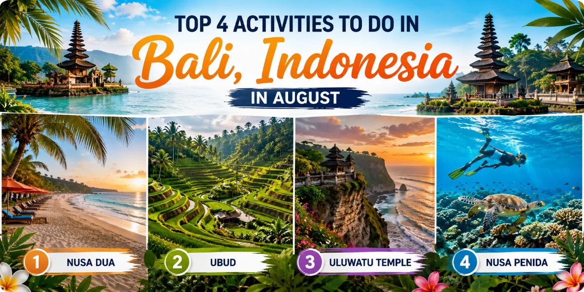 A scenic view of Bali's beaches, showcasing sunbathing, surfing, and beach activities popular in August.