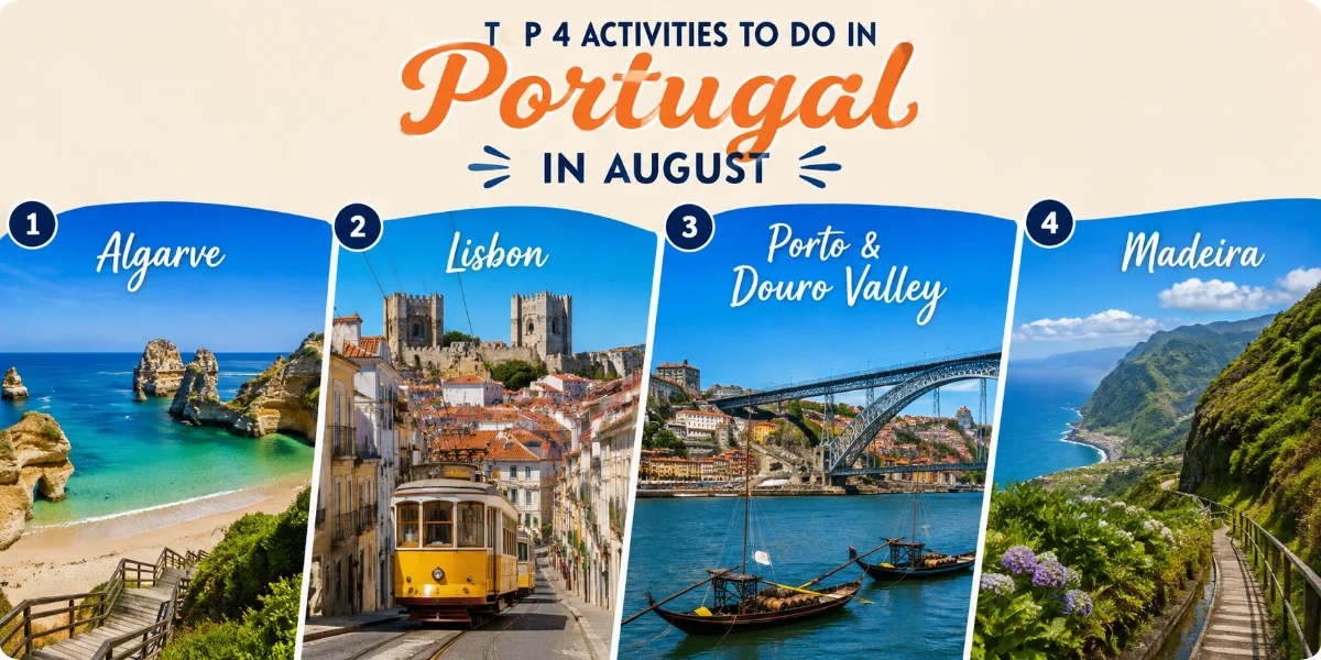 A collage of popular summer activities in Portugal, including beach outings, festivals, and outdoor dining experiences.