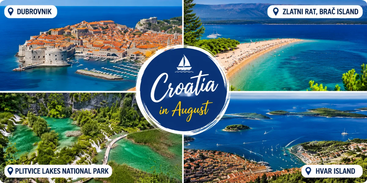 A scenic view of Croatia's coastline in August, showcasing clear blue waters and vibrant green landscapes.