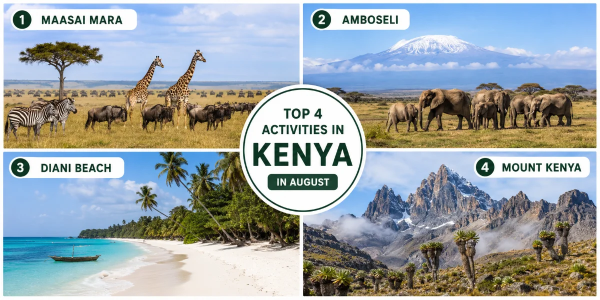 A collage of four images representing Kenya's top activities: safaris, coastal beaches, cultural tours, and mountain hikes.