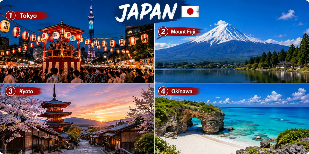A travel guidebook featuring Japan, showcasing iconic landmarks and cultural highlights for tourists.