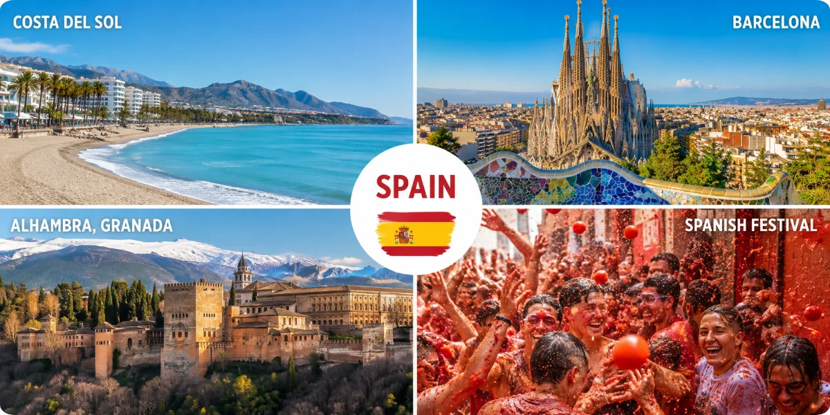 A travel guidebook featuring Spain, with images of landmarks, maps, and cultural highlights on the cover.