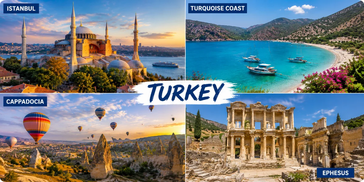 A travel guide cover featuring iconic Turkish landmarks, vibrant colors, and cultural motifs representing Turkey's heritage.
