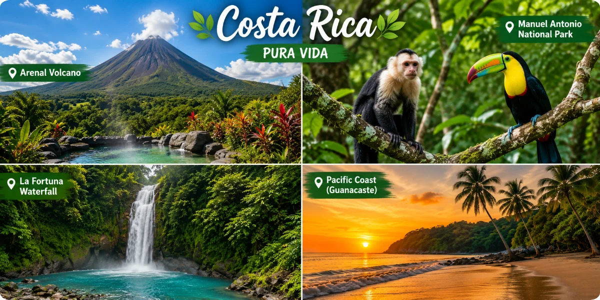 A vibrant travel guide cover featuring lush Costa Rican landscapes, wildlife, and cultural highlights for tourists.